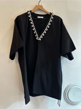 AREA Black Mini Dress with Crystal V-Neck